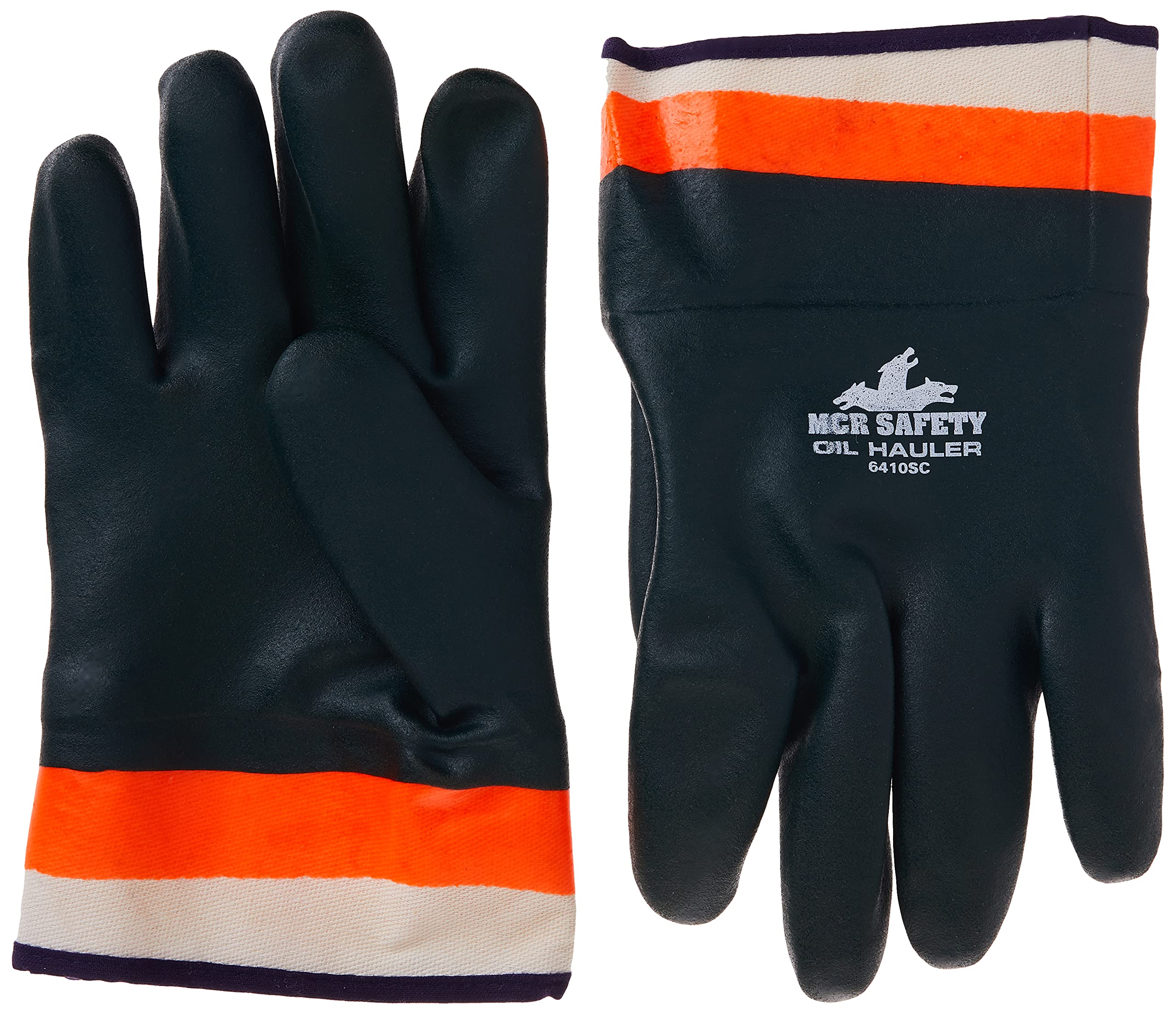 MCR Safety 6410SC Double-Dipped PVC Jersey Lined Sandpaper Finish Men's Gloves with Plasticized Safety Cuff, Green/Orange, Large, 1-Pair