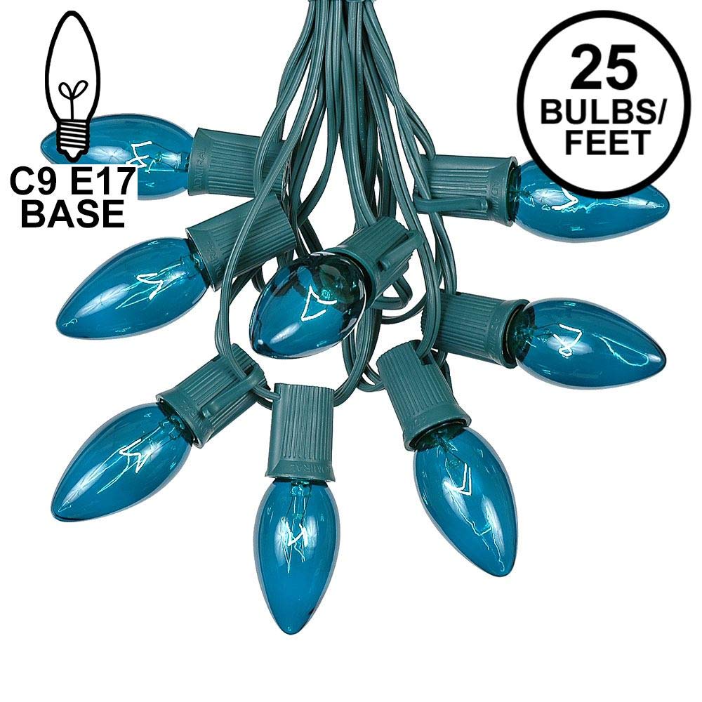 C9 Teal Christmas String Light Set - Outdoor Christmas Light String - Hanging Christmas Lights - Roofline Light String - Outdoor Patio String Lights - Green Wire - 25 Foot