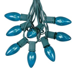 c9 teal christmas string light set - outdoor christmas light string - hanging christmas lights - roofline light string - outdoor patio string lights - green wire - 25 foot