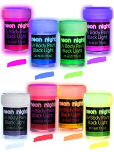 neon nights uv body paint set | blacklight glow makeup kit | fluorescent face paints for music festivals, photo shoots, nights out - easy to use and remove, premium quality, vibrant colors | 8 colors