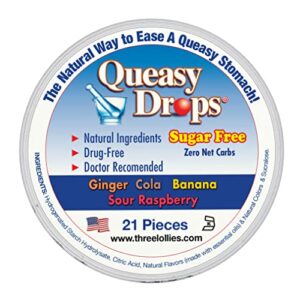 queasy drops sugar free | 21 drops | nausea (chemo, motion sickness etc.) | drug free & gluten free | five flavors: ginger, papaya, cola, banana, & raspberry