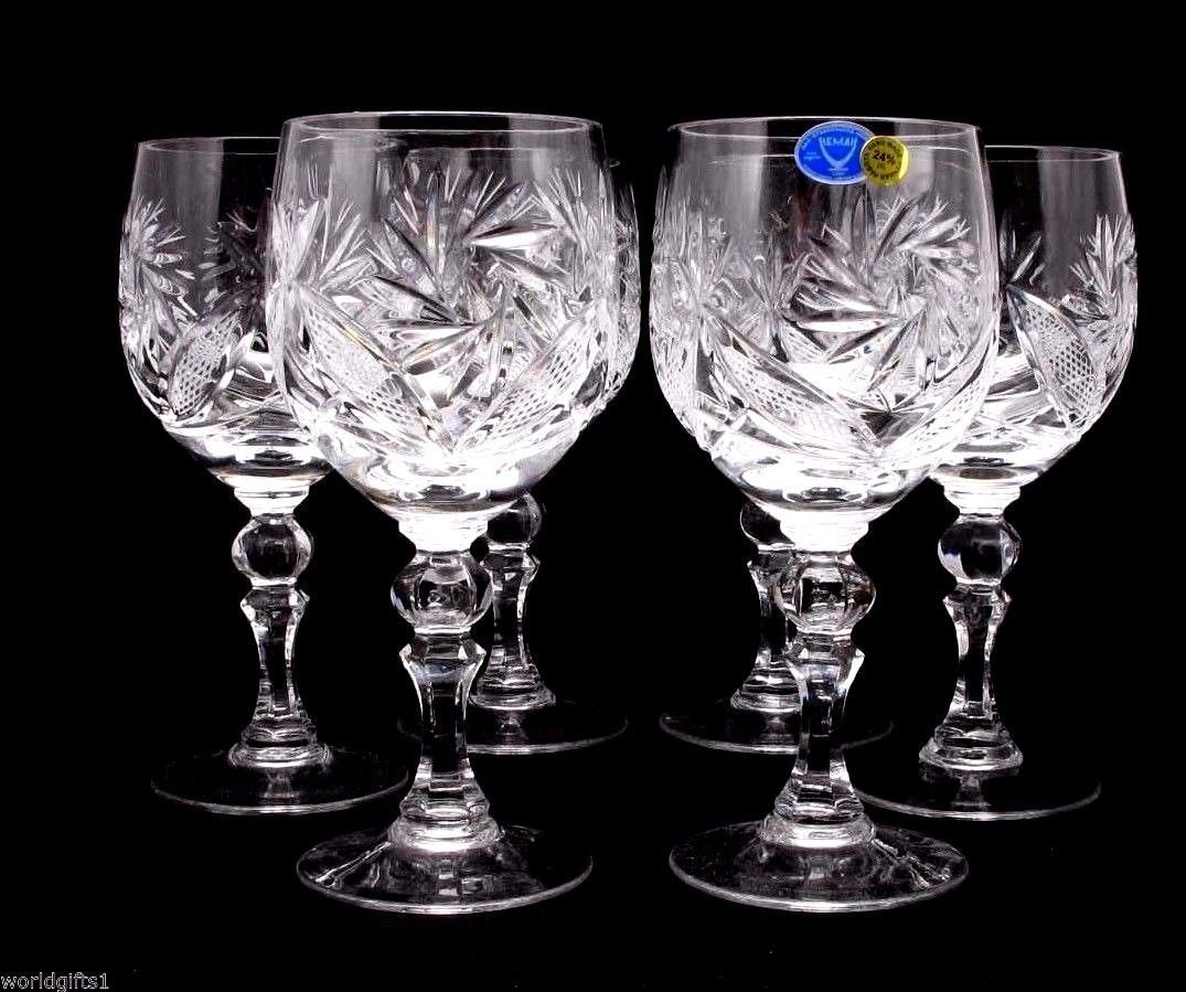 Russian Cut Crystal Red White Wine Glasses Goblets, Stemmed Vintage Design Glassware, 8.5 Oz. Hand Made