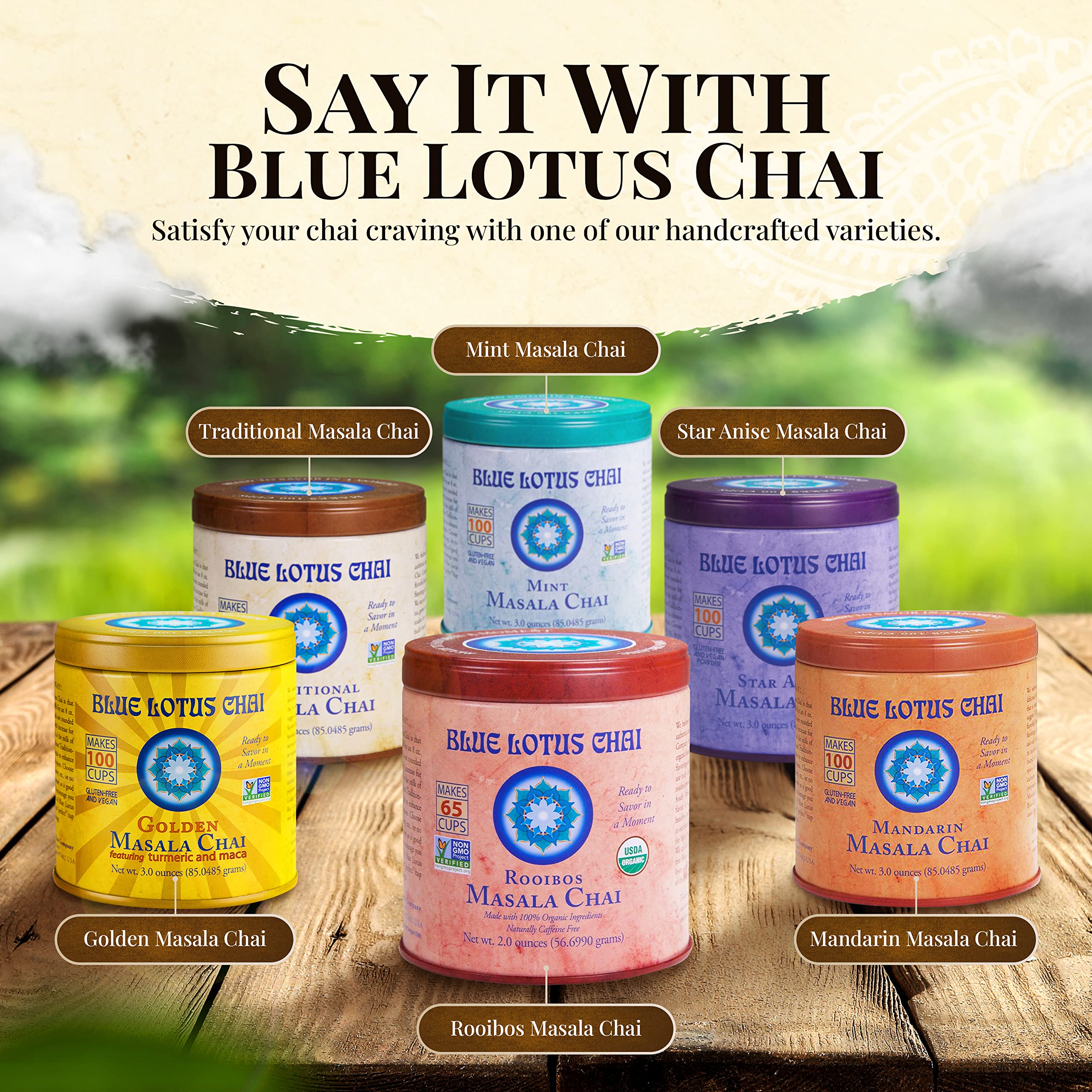 Blue Lotus Chai - Rooibos Flavor Masala Chai - Makes 65 Cups - 2 Ounce Masala Spiced Chai Powder with Organic Spices - Instant Indian Tea No Steeping - No Gluten