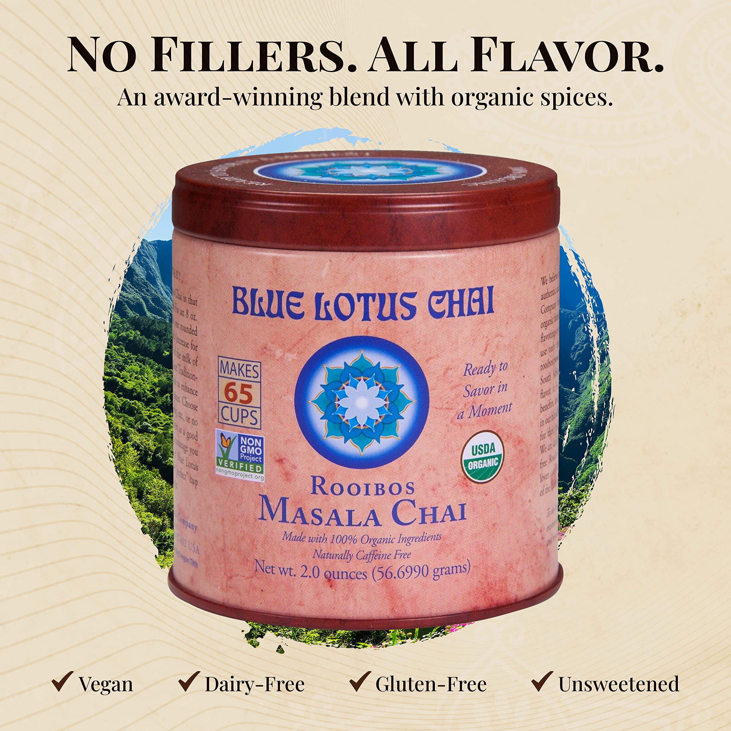 Blue Lotus Chai - Rooibos Flavor Masala Chai - Makes 65 Cups - 2 Ounce Masala Spiced Chai Powder with Organic Spices - Instant Indian Tea No Steeping - No Gluten