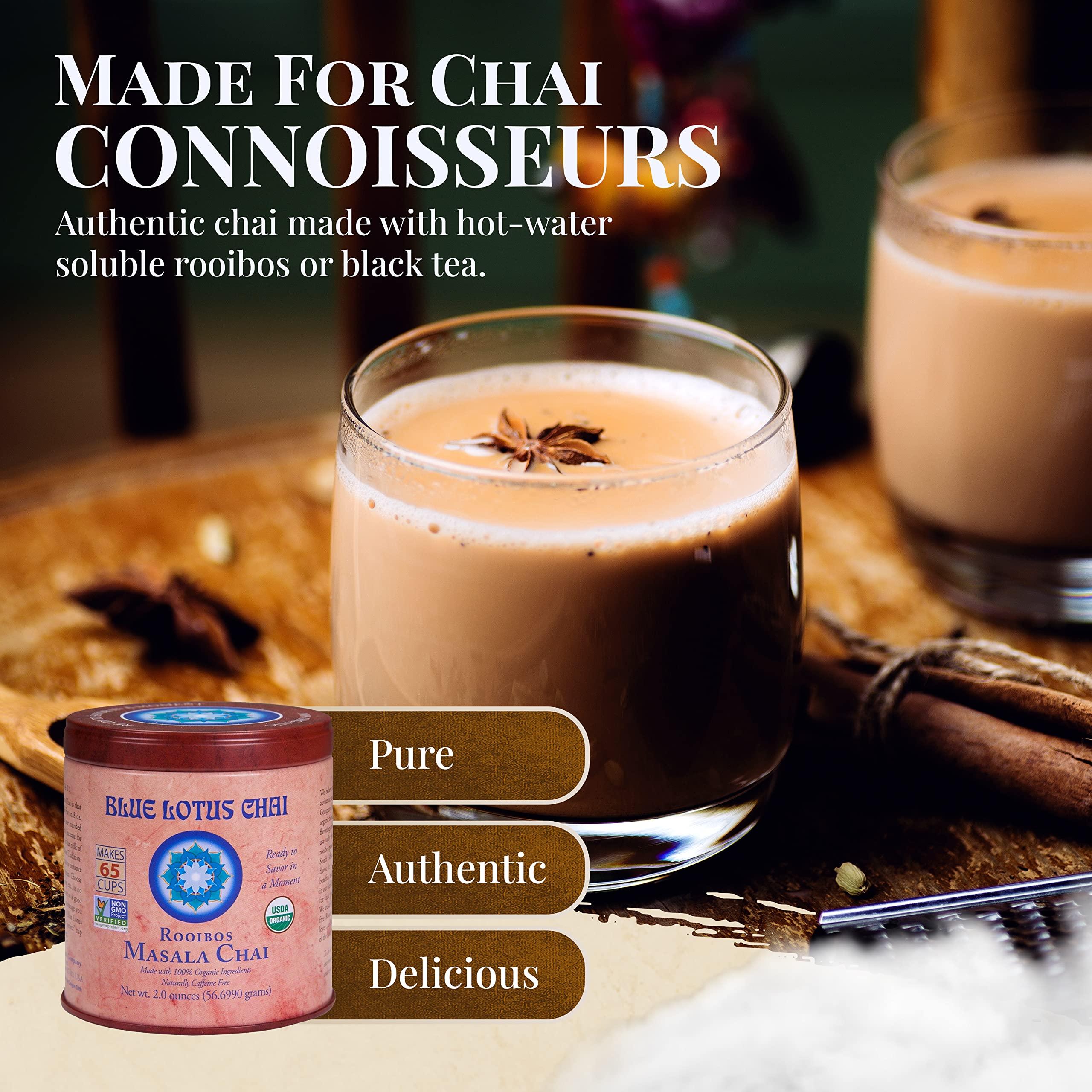 Blue Lotus Chai - Rooibos Flavor Masala Chai - Makes 65 Cups - 2 Ounce Masala Spiced Chai Powder with Organic Spices - Instant Indian Tea No Steeping - No Gluten