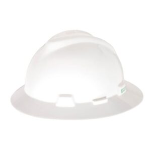 msa 475369 v-gard full-brim hard hat with fas-trac iii ratchet suspension | polyethylene shell, superior impact protection, self adjusting crown-straps - standard size in white