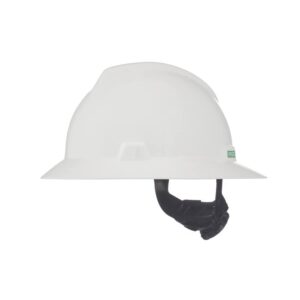 MSA 475369 V-Gard Full-Brim Hard Hat With Fas-Trac III Ratchet Suspension | Polyethylene Shell, Superior Impact Protection, Self Adjusting Crown-Straps - Standard Size in White