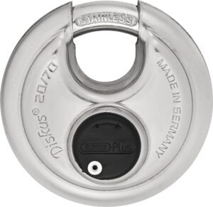 abus diskus 20/70 heavy duty stainless steel disk padlock - rustproof circle storage lock with 3/8" shackle - made in germany - keyed different