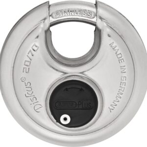 ABUS Diskus 20/70 Heavy Duty Stainless Steel Disk Padlock - Rustproof Circle Storage Lock with 3/8" Shackle - Made in Germany - Keyed Different