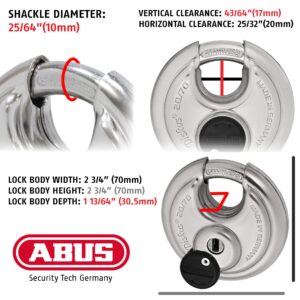 ABUS Diskus 20/70 Heavy Duty Stainless Steel Disk Padlock - Rustproof Circle Storage Lock with 3/8" Shackle - Made in Germany - Keyed Different