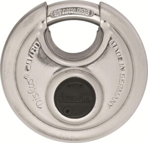 abus diskus 20/80 heavy duty stainless steel disk padlock - rustproof circle storage lock with 7/16" shackle - made in germany - keyed different