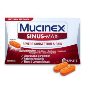 mucinex sinus max severe congestion & pain relief, maximum strength nasal & sinus relief, decongestant for adults, acetaminophen pain reliever, guaifenesin expectorant and mucus removal, 20 caplets