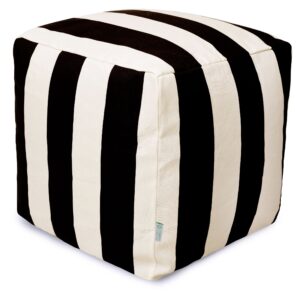 majestic home goods vertical stripes indoor/outdoor stuffed 17x17x17 inches-bean bag floor foot rest–sitting pouf chair for living room–nursery pillow ottoman, 17" x 17" x 17", black/cream