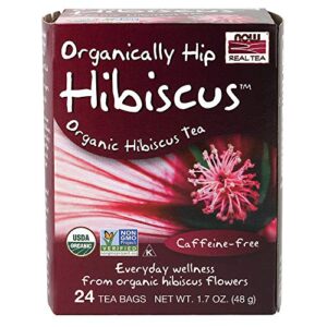 now foods, organically hip hibiscus™ tea, caffeine-free, non-gmo, no added colors, preservatives or sugars, premium unbleached tea bags with our no-staples design, 24-count