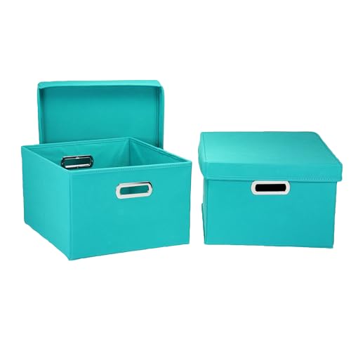 Household Essentials Fabric Storage Boxes with Lids and Handles, Aqua