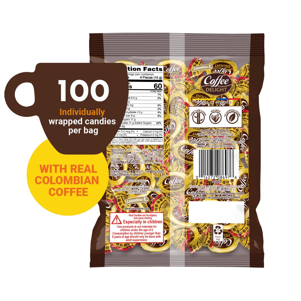 Colombina Coffee Delight Hard Candy - Pack of 100 Gluten Free Coffee-Flavored Candies Made w/Real Colombian Coffee (100 Count) - (13.4oz - 380g)