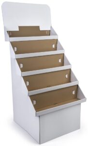 free-standing display rack, white corrugated cardboard construction with 5 bins - sold in sets of 2