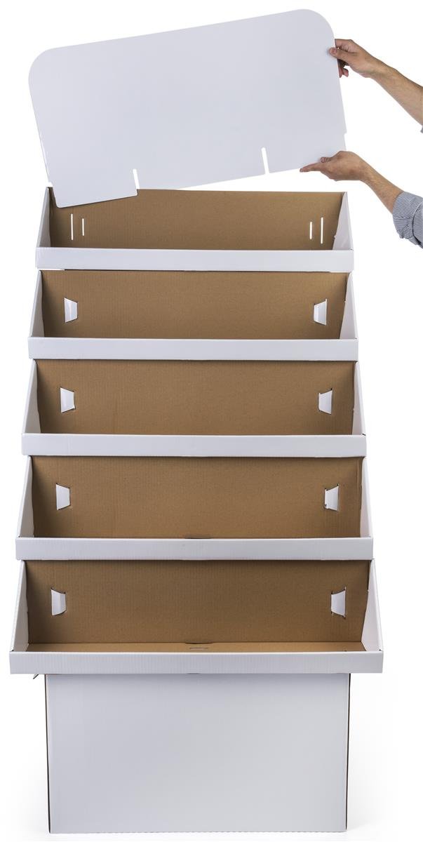 Free-Standing Display Rack, White Corrugated Cardboard Construction with 5 Bins - Sold in Sets of 2