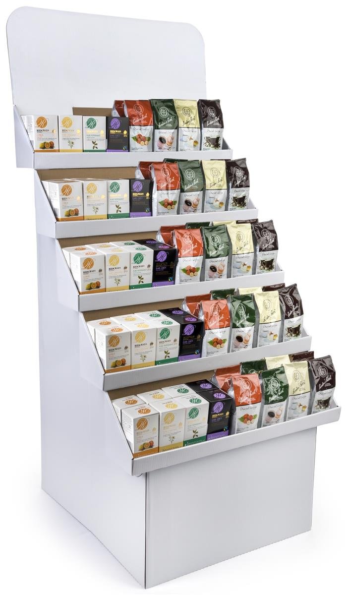 Free-Standing Display Rack, White Corrugated Cardboard Construction with 5 Bins - Sold in Sets of 2