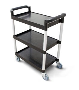new star foodservice 54538 250-pound plastic 3-tier utility bus cart with locking casters, 32" x 16" x 38", black