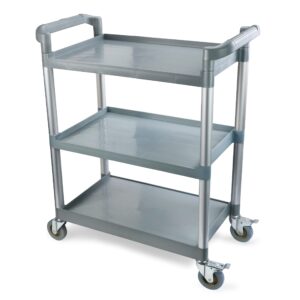 new star foodservice 54545 250-pound plastic 3-tier utility bus cart with locking casters, 32" x 16" x 38", gray