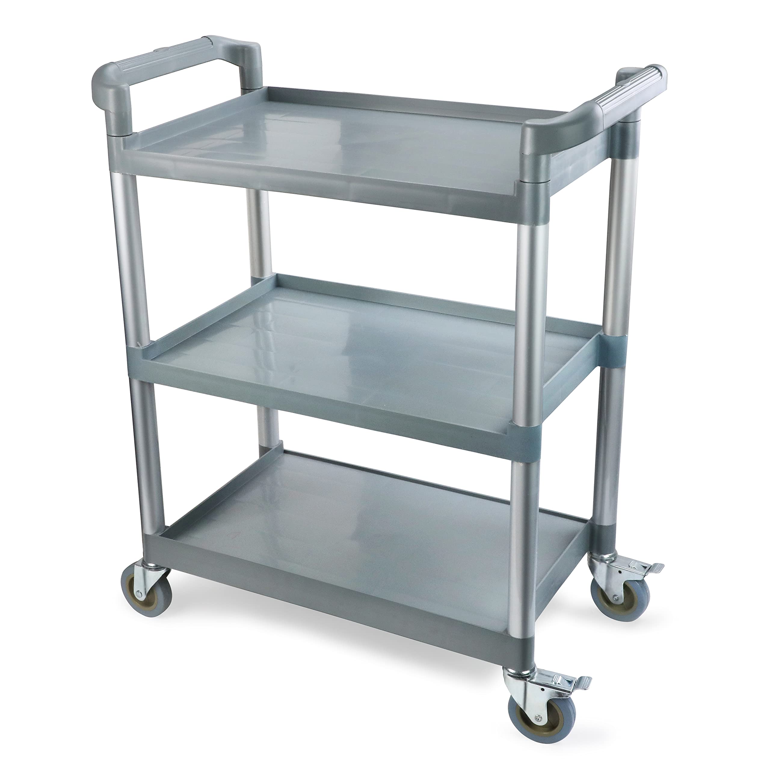 New Star Foodservice 54545 250-Pound Plastic 3-Tier Utility Bus Cart with Locking Casters, 32" x 16" x 38", Gray