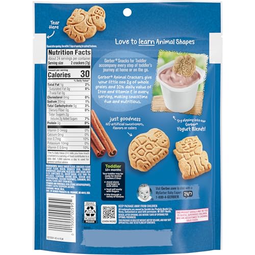 Gerber Snacks for Toddler Animal Crackers, Cinnamon Graham, 6 Ounce Pouch (Pack of 4)