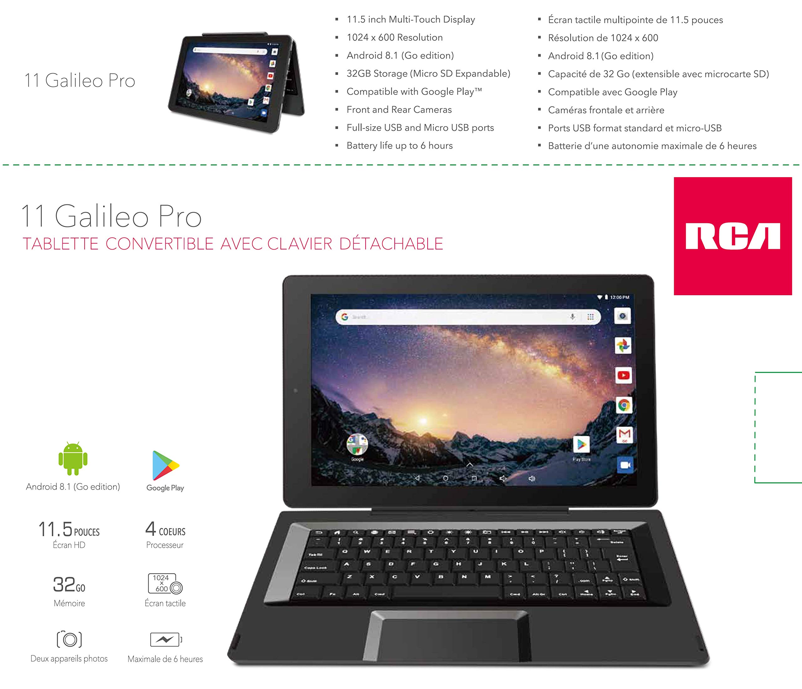 2018 RCA Galileo Pro 11.5" 32GB Touchscreen Tablet Computer with Keyboard Case Quad-Core 1.3Ghz Processor 1GB Memory 32GB HDD Webcam Wifi Bluetooth Android 6.0 - Charcoal