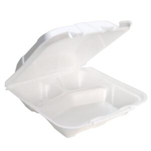 pactiv ytd19903 foam hinged lid containers, white, 9 x 9 x 3-1/4, 3-compartment (case of 150)