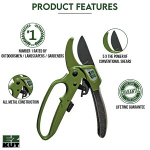 EZ Kut Heavy Duty Pruning Shears Green - Pruners Ratcheting Ratchet Hand Pruner (Green Pruner)