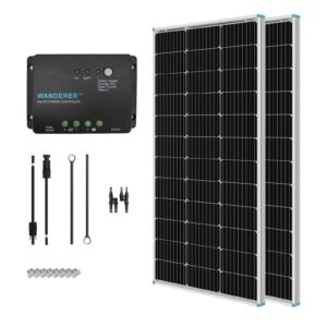 renogy 200 watt 12 volt monocrystalline solar panel starter kit with 2 pcs 100w solar panel and 30a pwm charge controller for rv, boats, trailer, camper, marine ,off-grid system