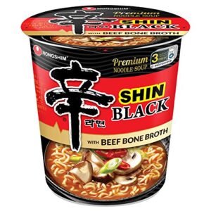 nongshim premium shin black instant ramen noodle cup, 6 pack, chunky vegetables & real beef, microwaveable ramen soup mix