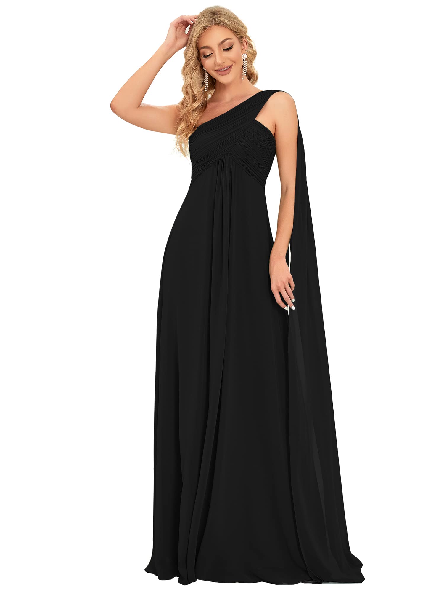 Ever-Pretty Women's Chiffon Bridesmaid Dress One-Shoulder Ruched Bust Long Flowy Formal Dresses Black US16