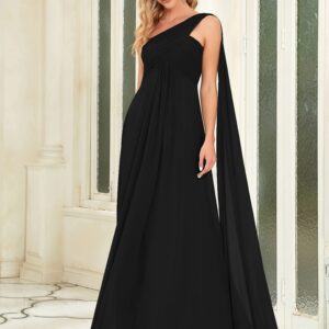 Ever-Pretty Women's Chiffon Bridesmaid Dress One-Shoulder Ruched Bust Long Flowy Formal Dresses Black US16
