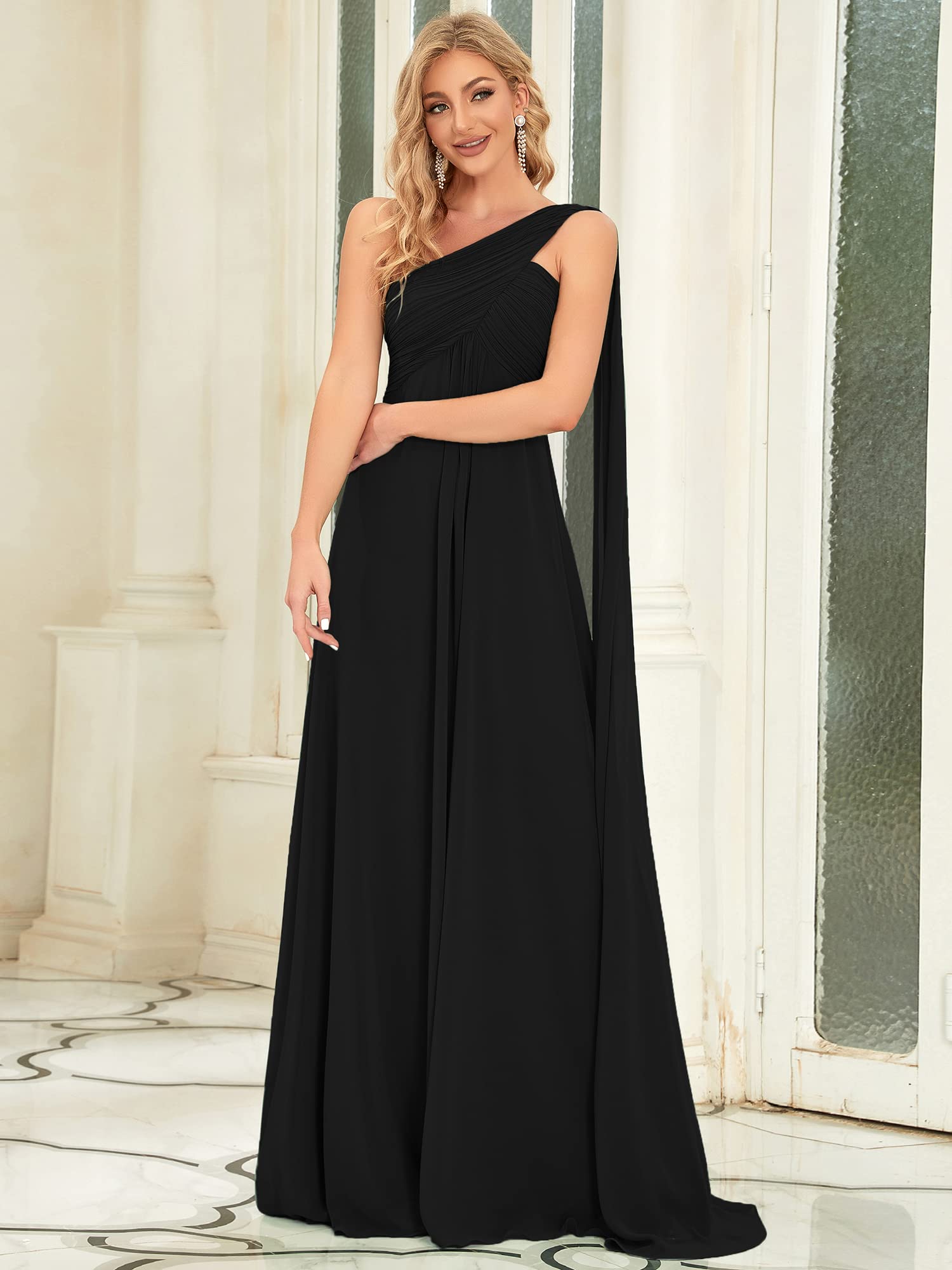 Ever-Pretty Women's Chiffon Bridesmaid Dress One-Shoulder Ruched Bust Long Flowy Formal Dresses Black US16