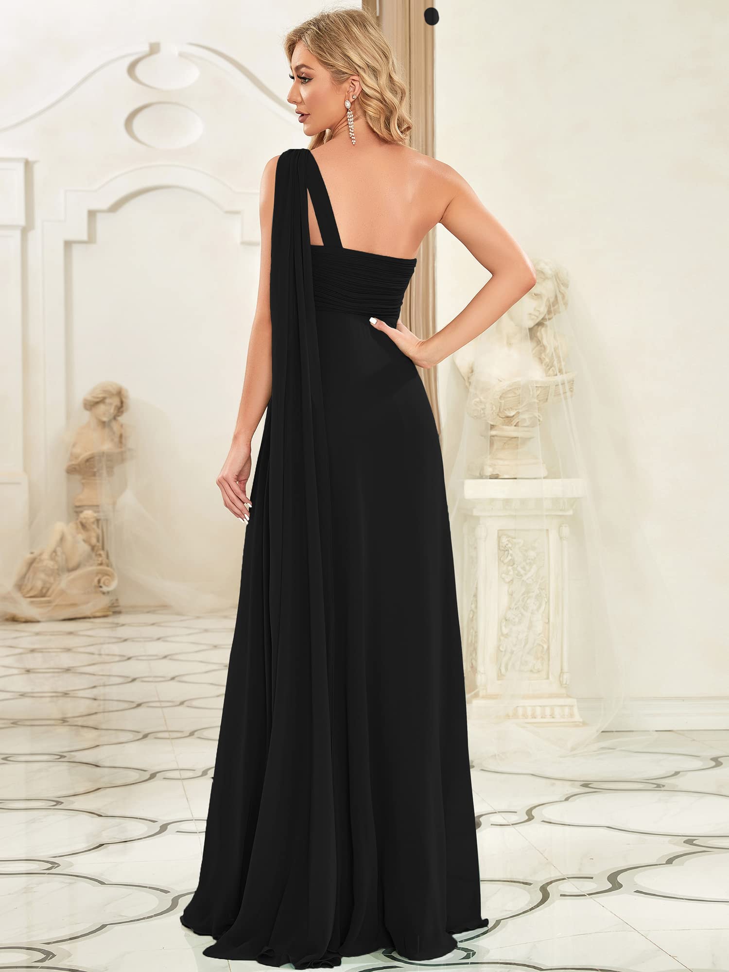 Ever-Pretty Women's Chiffon Bridesmaid Dress One-Shoulder Ruched Bust Long Flowy Formal Dresses Black US16