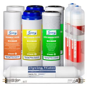 ispring f10ku 1-year replacement supply filter cartridge pack set for 7-stage alkaline mineral uv reverse osmosis ro systems, 10 piece, white