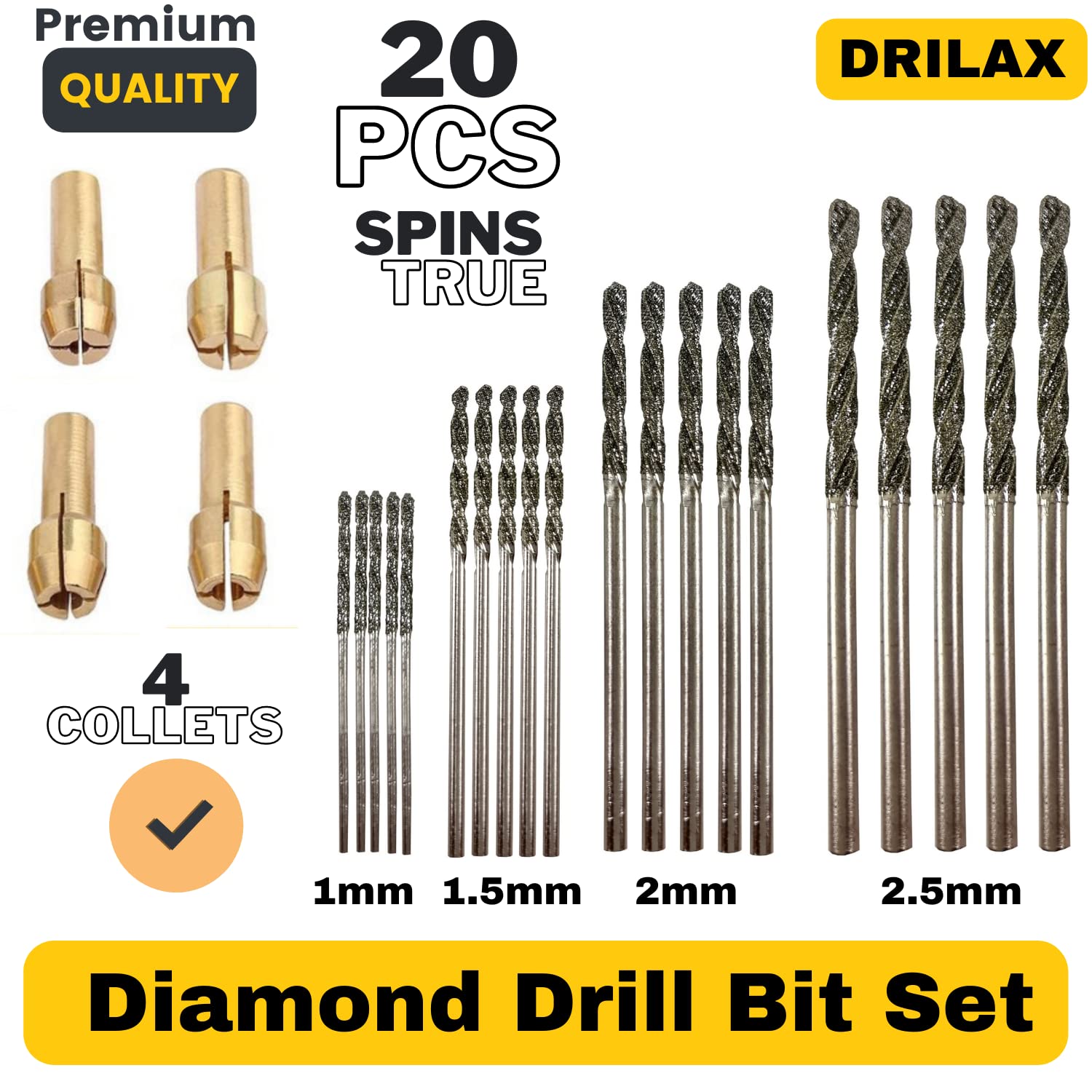 Diamond Drill Bits 1mm 1.5mm 2mm 2.5mm 20 Pieces 4 Sizes Diamond Drill Bits for Glass Compatible with Dremel Collets Included Jewelry Glass Shells Gems Lapidary Ornament Bracelet Necklace Arts Crafts