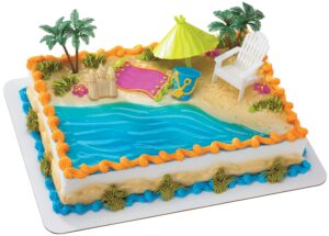 decoset® beach chair and umbrella tropical beach cake decoration, 6 piece cake topper set, palm trees, deck chair, beach umbrella, sand castle and bucket, food safe,