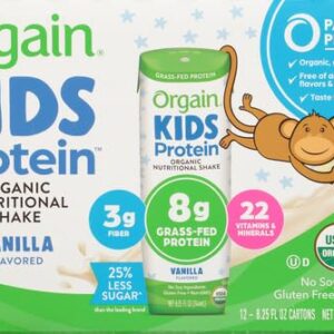 Orgain Organic Kids Nutritional Protein Shake, Vanilla - Kids Snacks with 8g Dairy Protein, 22 Vitamins & Minerals, Fruits & Vegetables, Gluten Free, Soy Free, Non GMO, 8.25 Fl Oz (Pack of 12)