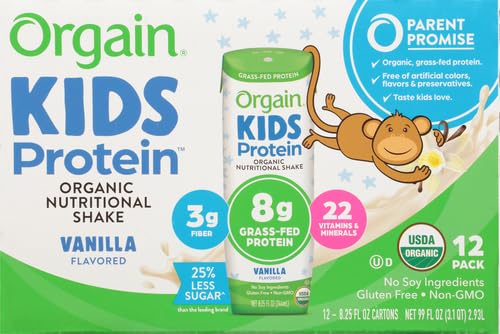 Orgain Organic Kids Nutritional Protein Shake, Vanilla - Kids Snacks with 8g Dairy Protein, 22 Vitamins & Minerals, Fruits & Vegetables, Gluten Free, Soy Free, Non GMO, 8.25 Fl Oz (Pack of 12)