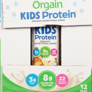 Orgain Organic Kids Nutritional Protein Shake, Vanilla - Kids Snacks with 8g Dairy Protein, 22 Vitamins & Minerals, Fruits & Vegetables, Gluten Free, Soy Free, Non GMO, 8.25 Fl Oz (Pack of 12)