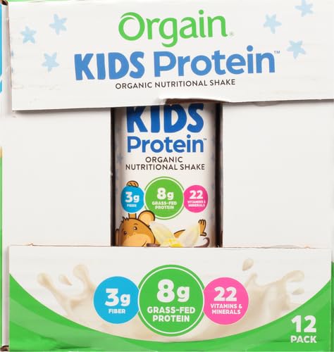 Orgain Organic Kids Nutritional Protein Shake, Vanilla - Kids Snacks with 8g Dairy Protein, 22 Vitamins & Minerals, Fruits & Vegetables, Gluten Free, Soy Free, Non GMO, 8.25 Fl Oz (Pack of 12)