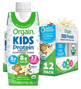 orgain organic kids nutritional protein shake, vanilla - kids snacks with 8g dairy protein, 22 vitamins & minerals, fruits & vegetables, gluten free, soy free, non gmo, 8.25 fl oz (pack of 12)
