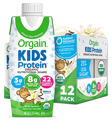 Orgain Organic Kids Nutritional Protein Shake, Vanilla - Kids Snacks with 8g Dairy Protein, 22 Vitamins & Minerals, Fruits & Vegetables, Gluten Free, Soy Free, Non GMO, 8.25 Fl Oz (Pack of 12)