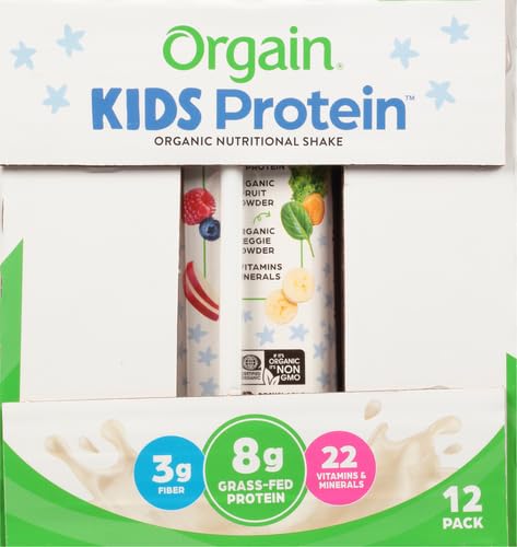 Orgain Organic Kids Nutritional Protein Shake, Vanilla - Kids Snacks with 8g Dairy Protein, 22 Vitamins & Minerals, Fruits & Vegetables, Gluten Free, Soy Free, Non GMO, 8.25 Fl Oz (Pack of 12)