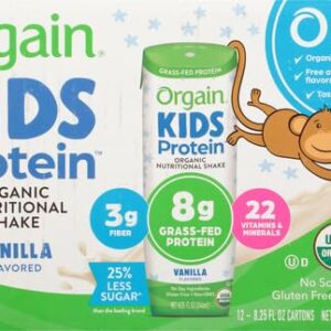 Orgain Organic Kids Nutritional Protein Shake, Vanilla - Kids Snacks with 8g Dairy Protein, 22 Vitamins & Minerals, Fruits & Vegetables, Gluten Free, Soy Free, Non GMO, 8.25 Fl Oz (Pack of 12)