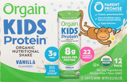 Orgain Organic Kids Nutritional Protein Shake, Vanilla - Kids Snacks with 8g Dairy Protein, 22 Vitamins & Minerals, Fruits & Vegetables, Gluten Free, Soy Free, Non GMO, 8.25 Fl Oz (Pack of 12)