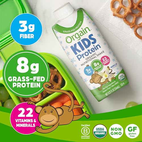 Orgain Organic Kids Nutritional Protein Shake, Vanilla - Kids Snacks with 8g Dairy Protein, 22 Vitamins & Minerals, Fruits & Vegetables, Gluten Free, Soy Free, Non GMO, 8.25 Fl Oz (Pack of 12)