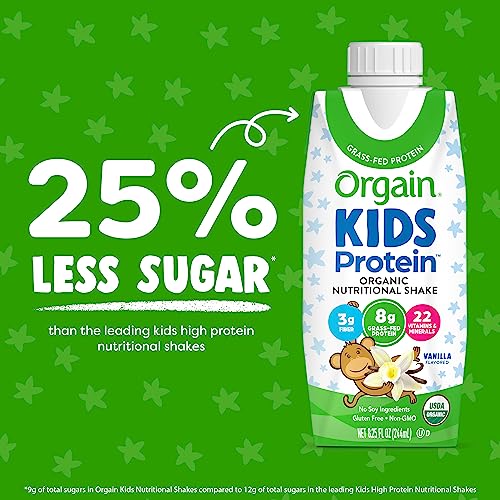 Orgain Organic Kids Nutritional Protein Shake, Vanilla - Kids Snacks with 8g Dairy Protein, 22 Vitamins & Minerals, Fruits & Vegetables, Gluten Free, Soy Free, Non GMO, 8.25 Fl Oz (Pack of 12)